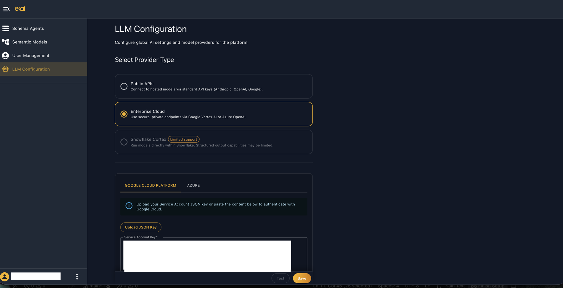 LLM Configuration screen showing provider options