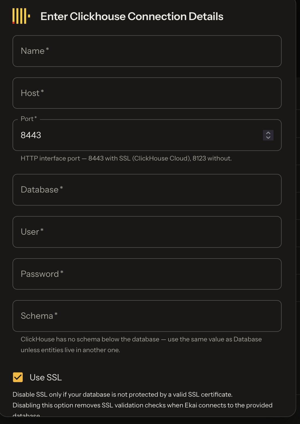 ClickHouse connection form