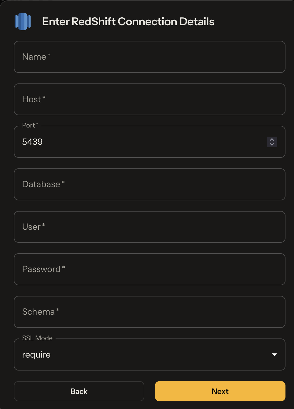 Redshift connection form