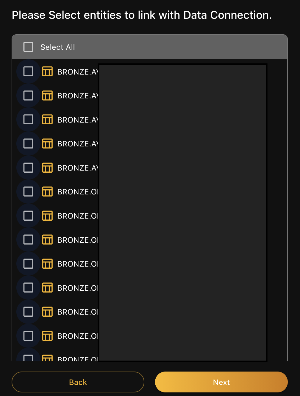 Table selection dialog