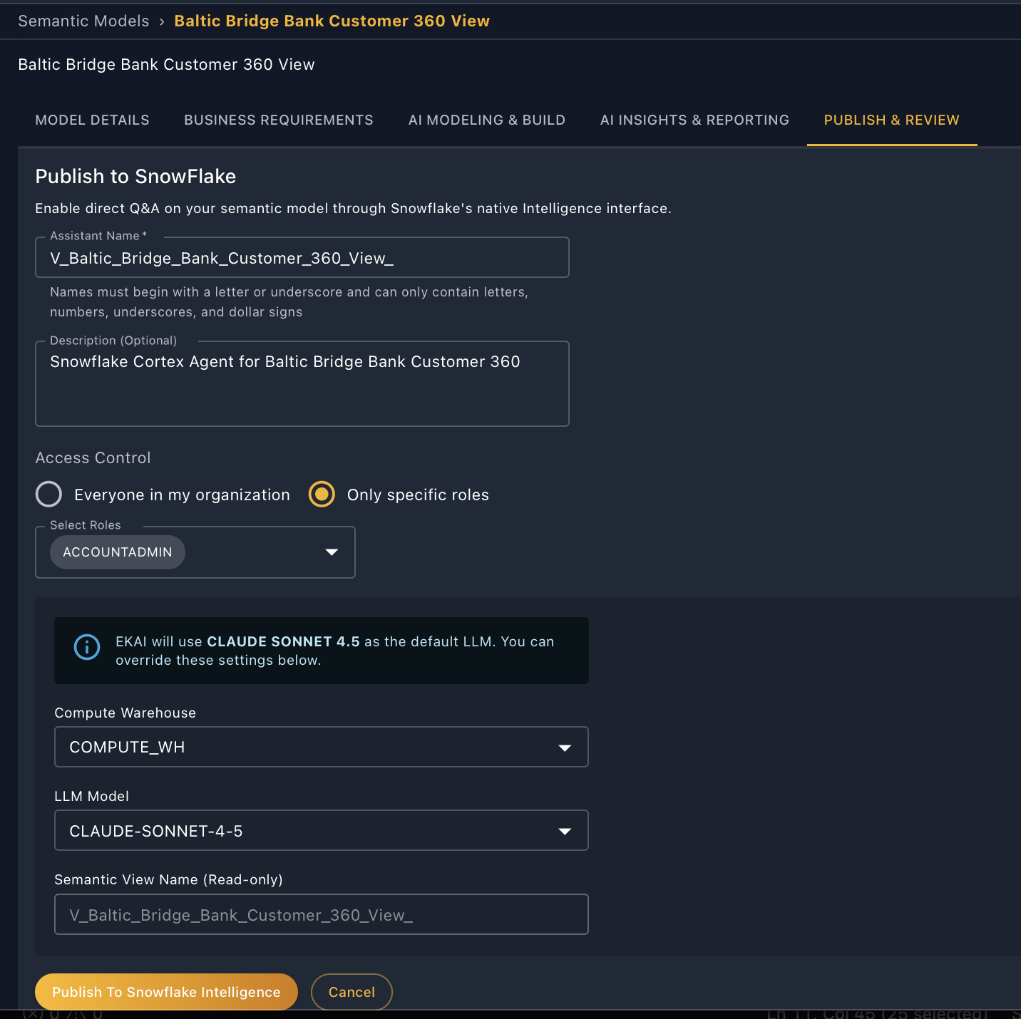 Snowflake Intelligence publish configuration
